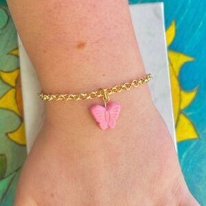 Pink Butterfly Charm Gold Chain Bracelet